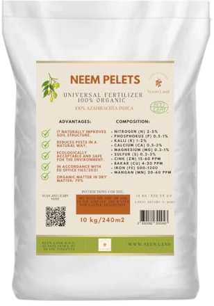 Neem Land Bio Neem Pellets 10 kg – Engrais organique longue durée pour jardin de 240 à 300 m² – Pour légumes, fruits, olivier, compost – 100 % naturel et efficace