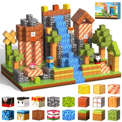 CACSPS 136 Stück Magnetische Bausteine, Magnetblöcke für Kinder ab 3 4 5 6 7 8 9 Jahre, Kreatives Konstruktionsspielzeug mit 2,5 cm Würfeln Verstaubar für Jungen & Mädchen (Dschungel-Serie)