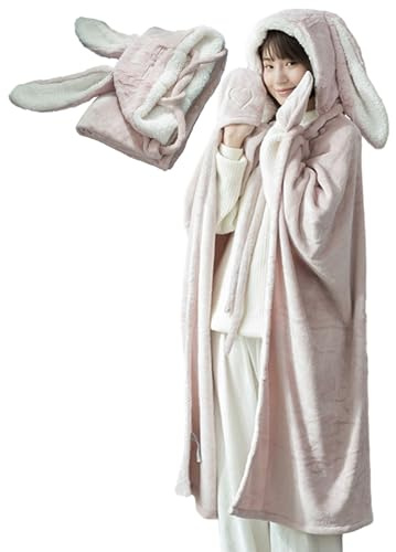 Coperta creativa con cappuccio a forma di coniglio, mantello in caldo pile, morbido e accogliente, comodo copriorecchie di animale, comodo per compleanno, sicuro da indossare per donne, bambini