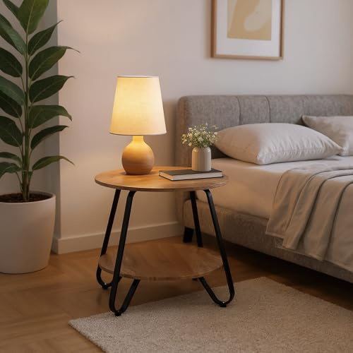 Meuble Cosy Table de Nuit Ronde Design et étagère de Rangement Scandinave pour Lit, Chambre, en Bois d'ingénierie Cadre en Acier Robuste, Marron Clair