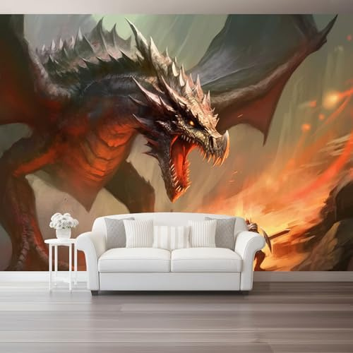 Carta Da Parati Fantasia Rosso Drago Guerriero 3D Fotomurale – Design Moderno In Tessuto Non Tessuto Per Soggiorno Camera Da Letto Cucina – Murale 250 X 175 Cm