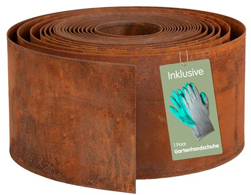 UNUS Rasenkante aus Cortenstahl 10 m x 14 cm Flexible Beetumrandung wetterfestes Metall Beeteinfassung für Garten, Beet, Rasen und Wege inkl. Handschuhe