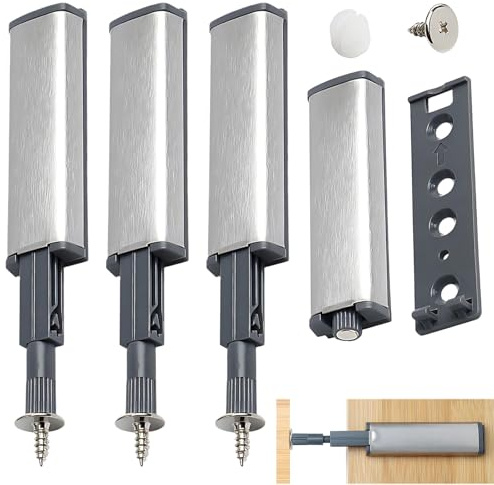 Lot de 4 ouvre-portes à pression Push to Open - Amortisseur de porte d'armoire - Touche robuste - Serrure magnétique coulissante - Pour tiroirs, cabines - Argenté