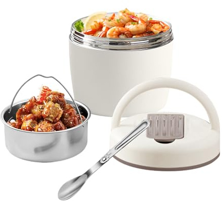 Vexaflow Thermos per Alimenti 1200 ml, Porta Pranzo Termico Antigoccia, Ideale per Zuppe, Pasta e Cibo Caldo, Contenitore Termico in Acciaio Inossidabile con Cucchiaio Pieghevole (Bianco)