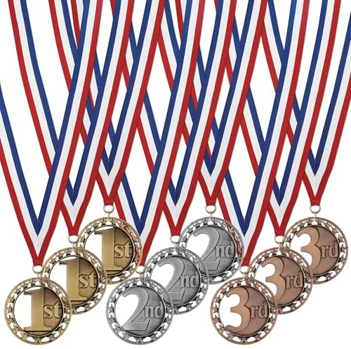 Hodges Award Medals – 9-Pack 1st, 2nd & 3rd Place Medals – Gold, Silver & Bronze with Red, White & Blue Neck Ribbons – Metal Award Medals for Sports, Competitions & Events