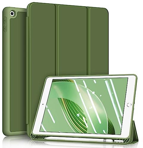 Fintie Hülle für iPad 9. Generation 2021/8. Gen 2020/7. Gen 2019 10.2 Zoll - Superleicht Soft TPU Rückseite Abdeckung Schutzhülle mit eingebautem Pencil Halter, Auto Sleep/Wake, Alpingrün