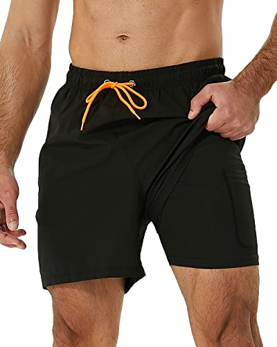 SILKWORLD Mens Swim Trunks with Compression Liner Swimsuit, Black, Small