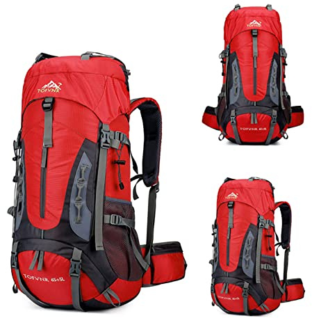 Opetdo 70l Wanderrucksack Nylon Mit ultraleicher wasserdichte Schutzabdeckung Für Bergstäte klettern Trekking Sport Travel Camping（Rot