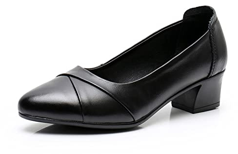 Runxingfu 4CM Femme Milieu Talons Blocs Bout Pointu Escarpins Confort Faux Cuir Travail Escarpins Formelle Intelligent Bureau Talons Hauts Slip on Chaussures