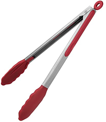 U-Taste 30 cm Pinza da cucina in silicone resistente al calore 315℃ con punte in gomma antiaderente ben sigillate e manico in acciaio rivestito in silicone e bloccaggio liscio (Rosso)
