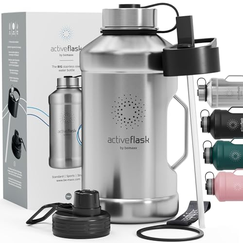 BeMaxx Gourde en acier inoxydable ACTIVE FLASK + paille (3 couvercles) | Grande bouteille de sport 2,2 litres / 2l XL sans BPA antifuite gazéifiée, Pour les Sportifs & Entrainement en Plein Air