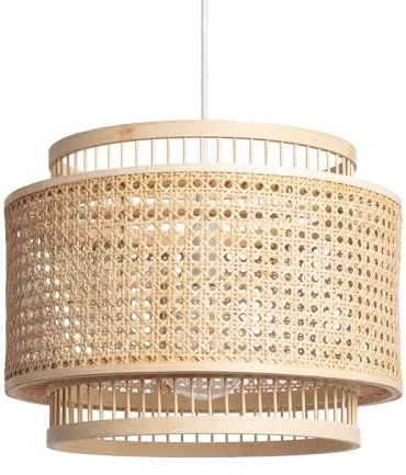 Lámpara Colgante de Bambú Bangkal | Doble Pantalla con Detalles en Ratán Natural | Casquillo E27 | No Incluye Bombilla | Estilo Mediterráneo y Oriental | Ideal para Salón; Dormitorio o Recibidor