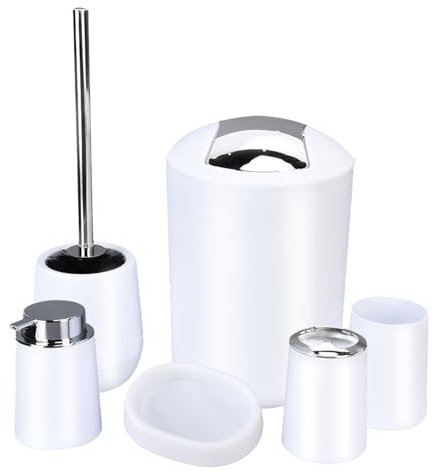Tissting Juego Accesorios de Baño Blanco 6 Piezas con Bote Basura, Escobilla de Baño, Soporte para Cepillo Dientes, Dispensador Jabón Loción, Jabonera, Taza, Juegos de Accesorios Baño ABS