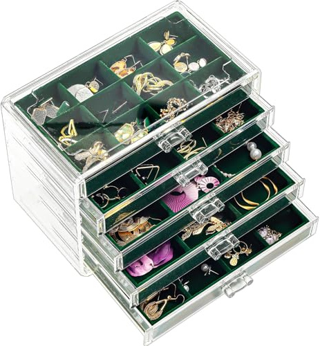 ProCase Porta Orecchini Organizer a 5 Strati, Portagioie con Cassetto e Divisori Regolabili, Porta Gioielli Chiuso da Camera, Vassoio per Gioielli Anelli Orecchini - Smeraldo