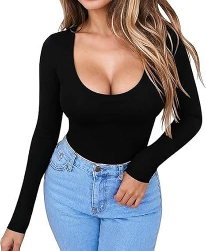 Rongseng Body Femme Manches Longues Sexy Col Rond Bodysuit Top Slim Fit Jumpsuit Stretch Justaucorps Chic Haut Shirt Blouses Chemisiers Élégante Combinaison Combishort Casual Playsuit Clubwear