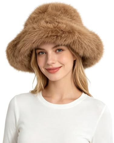 Lina & Lily Gorro Grande Pescador Invierno Mujer de Piel Sintética Larga (Camello)