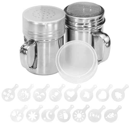Sekonow 2Pcs Powdered Sugar Shaker Duster with Handle, 304 Stainless Steel Powder Sugar Sifter with 16pcs Coffee Stencils, Dredge Shaker for Flour Cinnamon, Fine & Medium Mesh