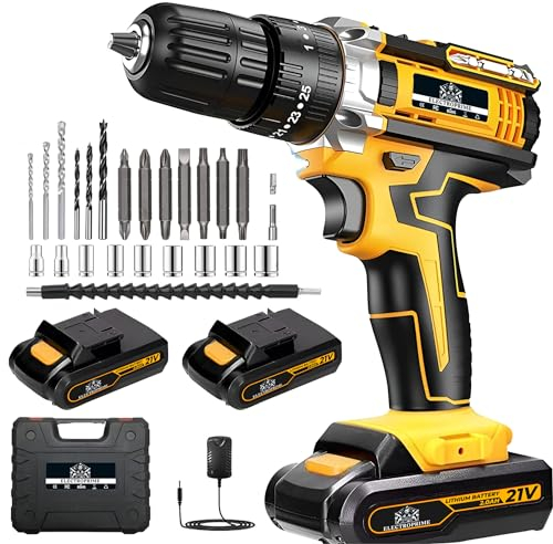 Taladro Percutor a Bateria 21V 2x Baterias 2000mAh | 24 Accesorios | Taladro Atornillador Electrico 42Nm| 25 + 3 Ajuste Par | 2 Velocidades | Aparafusadora Destornillador Inalambrico (Modelo Mejorado)