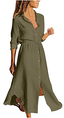 Boho Chic Dresses Mini Abito Corto in Cotone e Lino a Mezza Manica con Scollo a V alla Moda e Confortevole da Donna Abiti in Velluto Manica Lunga Verde Militare M