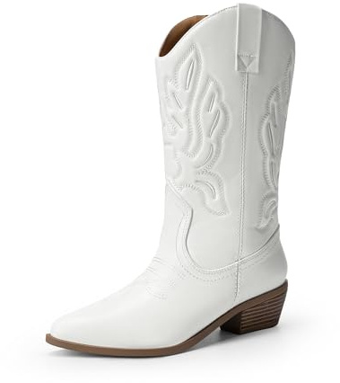 DREAM PAIRS Bottes Femme Classique Bottes Western pour Femmes Confortable Bottines Elégantes,Size 43,Blanc-PU,DWUMMB2419