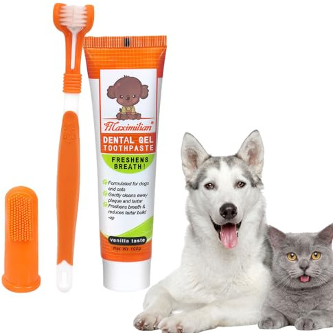 Dog Toothpaste and Brush 3PCS Soft Bristle Dog Dental Care Kit Puppy Dogs & CatsThree-Sided Toothbrush Teeth Finger Brush with Paste Plaque Tartar Remover Breath Freshener