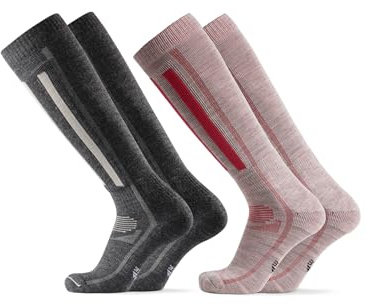 DANISH ENDURANCE Merino Wool Ski Socks, Cushioned Ski & Snowboard Socks, Thermal Knee-High Winter Socks, 2 Pack, Multicolour (1x Dark Grey/Light Grey, 1x Light Grey/Pink), 3-5