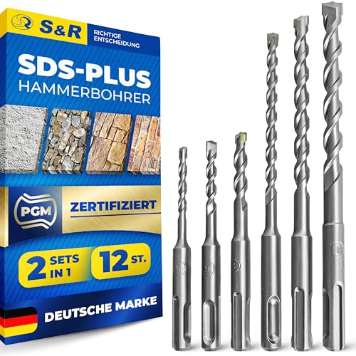 S&R 12 Forets à Béton (2 Coffret x 6) Foret Béton SDS-Plus pour Perceuse Visseuse Perforateur à Percussion. Jeu Forets Mèche de Maçonnerie Beton Pierre Briques 5/6/8 x 110 mm 6/8/10/12 x 160 mm
