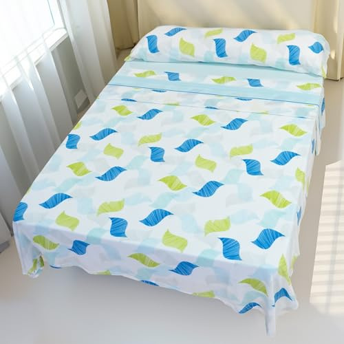 Conjunto de Sábanas Térmicas Pirineo 3 Piezas para Invierno - Microfibra Cepillada Premium, Incluye Sábana Bajera Ajustable, Encimera y Funda de Almohada - Hoja Azul, Cama de 150 x 190cm