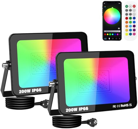 SKYWORLD 2 x 200W Foco LED RGB Exterior, Proyector LED Multicolor Impermeable, Control de APP, Luz de Inundación RGB Foco de Colores Smart LED Floodlights para Jardín Parque Hotel Terraza