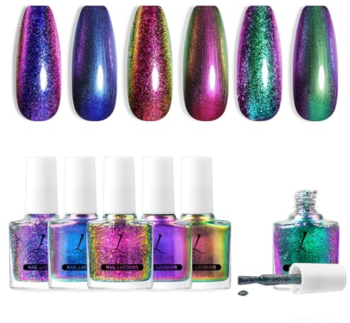 LOPHE Glitzer Nagellack-Set, 6 PCS Holographic Glitter Reflective, Schnelltrocknend Shimmer Nagellack für DIY Nail Art Maniküre zu Hause, Keine Nagellampe Erforderlich
