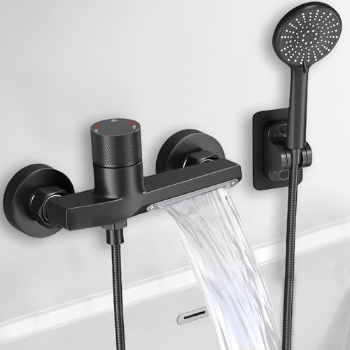 Badewannenarmatur Wasserfall Schwarz mit Handbrause, Messing Mischbatterie Dusche mit Brause 5 Funktionen, 1,5 m PVC Schlauch, Aufputz Wasserhahn Badewanne Armatur, Wannenarmatur mit Brause für Bad
