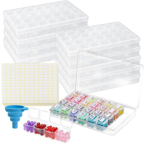 LOSYHU 10 Pack Diamond Art Storage Boxes, Transparent Diamond Painting Storage Boxes with 28 Grids, Plastic Diamond Art Storage Container, Craft Diamond Bead Organiser Case with Labels and Funnel