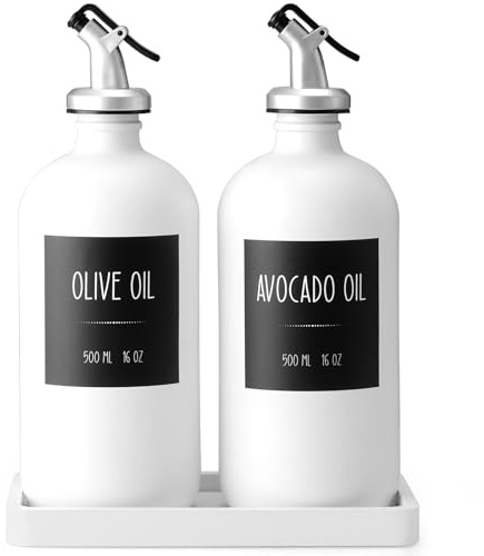 CMLKLZD Olive Oil Dispenser Bottle for Kitchen, 16oz Glass Oil and Vinegar Dispenser Set with Wood Tray & 54 Labels - White Cooking Oil Bottles for Kitchen - Coffee Syrup Dispenser - Set of 2