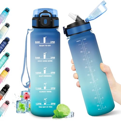 Bouteille Sport 1L, Gourde Réutilisable, Gourde Motivation sans BPA, Gourde Sport avec Paille, Gourdes Étanche, Gourdes avec Marqueur de Temps, Bouteille d'eau Idéale pour Randonnée, Bureau, l'école