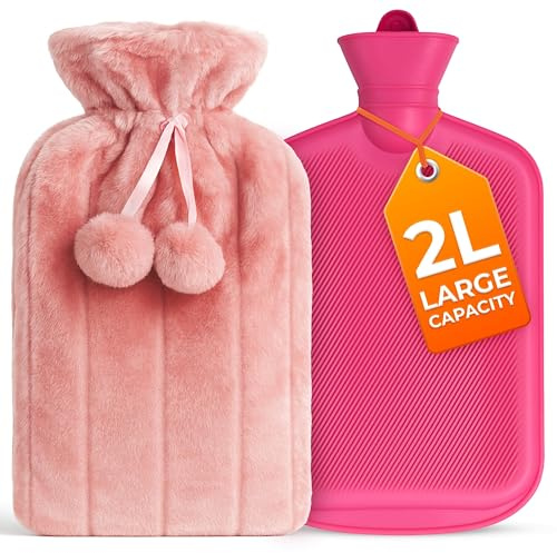 2L Hot Water Bottle with Pink Faux Fur Cover - Hot Water Bottle with Pom Poms for Pain Relief, Hand and Foot Warmer - Luxury, Soft and Washable Hot Water Bag for Hot and Cold Compress