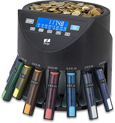 ZZap CS20+ Contadora y Clasificadora Automática de Monedas en EURO - Máquina de Conteo de Monedas - Contadora de Monedas con Tubos de Clasificación