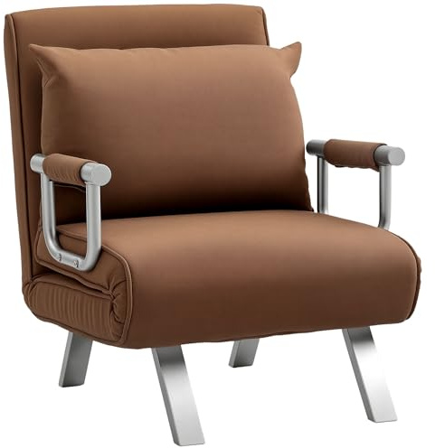 HOMCOM Sofá Cama de 1 Plaza 2 en 1, Sillón Cama Plegable Tapizado en Ante Sintético, con Respaldo Ajustable en 5 Niveles y Almohada Acolchada, para Oficina, Dormitorio, Salón, 65x69x80 cm, Marrón