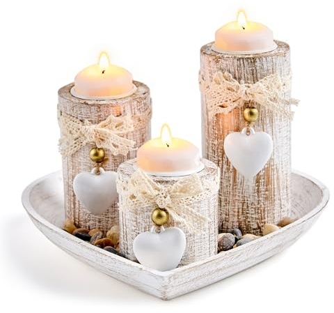 Holz Teelichthalter Set von 3, Rustic Farmhouse Kerzenhalter mit dekorativen Tablett & Stein für Home Decor, Hochzeit Mittelstücke, Housewarming (Kerzen Nicht enthalten)