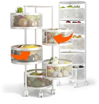 Avilia - Carrello Con Ruote Portatutto Richiudibile Multiuso con Cestelli Capienti e Struttura Salvaspazio per Cucina Bagno e Ufficio Design Pieghevole con Ruote Frenanti (Bianco Rotondo, 5 Cestelli)