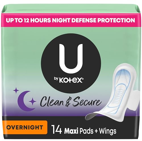 U by Kotex Maxi Pads with Wings, Clean & Secure, Overnight Absorbency, 14 Count (Packaging May Vary)