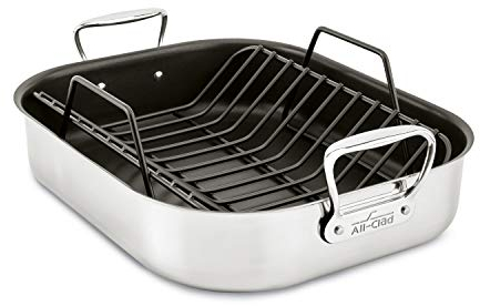 All-Clad 2100095737 E751S264 Stainless Steel Dishwasher Safe Large PFOA Free Nonstick Roaster with Rack Cookware, Silver
