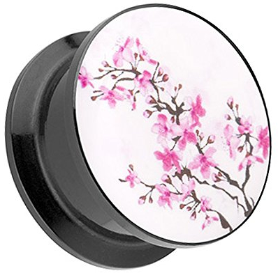 Taffstyle Ohr Plug Flesh Tunnel Piercing Ohrpiercing Kunststoff Schraub Schraubverschluß Picture mit Kirschblüten Blumen Motiv 8mm
