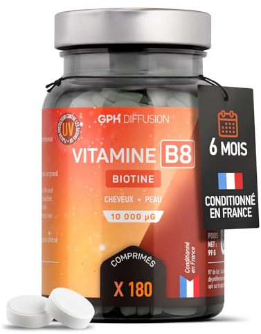 Vitamine B8 - Biotine - 10 000 µg - 180 comprimés - Cheveux, Peau