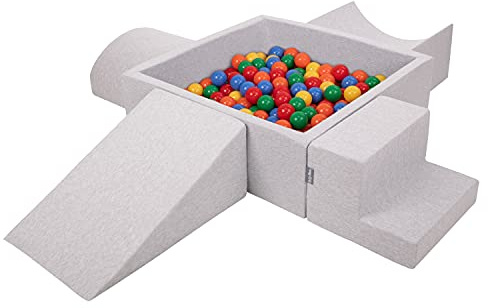 KiddyMoon Parque Infantil De Espuma con Cuadrada Piscina De Bolas (300 Bolas) para Niños, Gris Claro: Amarillo/Verde/Azul/Rojo/Naranja