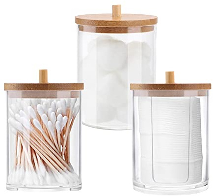 Gotetiso 3 Piezas Dispensador Discos Desmaquillantes Organizador Almohadillas de Maquillaje Algodón Transparente Caja Algodón y Soporte para Hisopos con Tapas de Bambú Organizador Maquillaje
