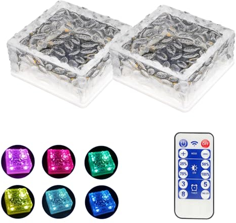 MEDOYOH Lot de 2 pavés solaires multicolores avec télécommande à 12 touches - 10 x 10 x 5 cm - Capteur de lumière marche/arrêt - Éclairage de chemin étanche - Pour patio, jardin, cour, chemin