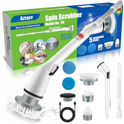 Aztarr Electric Spin Scrubber Cordless ​Shower Cleaner Bathroom Cleaning Brush Scrubbing with Tool Free Adjustable Extension Arm and 5 Replaceable Heads for Tile Tub Kitchen Floor Bathroom, White