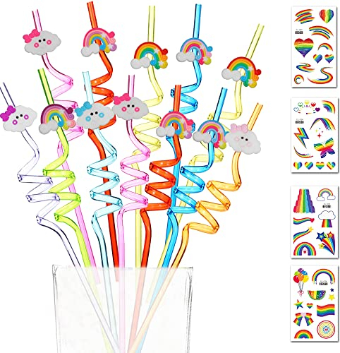 12 pezzi arcobaleno Cannucce di plastica per bere + Tatuaggi temporanei + 1 Spazzola di pulizia, Cannucce riutilizzabili per feste di compleanno