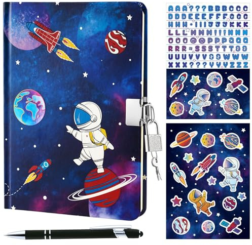 WERNNSAI Luminous Space Kids Diary for Boys, Secret Diary with Lock Keys, Journal Notebook with Pen Stickers Birthday Christmas Gift for Boys, School Travel A5 Lined Writing Drawing Notepad
