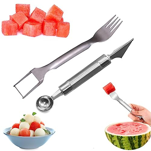 Srup 2 Stück Wassermelonen Schneider, 2-in-1 Wassermelonen Gabelschneider, Melonenschneider, Melonenausstecher Aus Edelstahl für Die Küche, Edelstahl Wassermelonenschneider, 2 in 1 Obstgabel Edelstahl